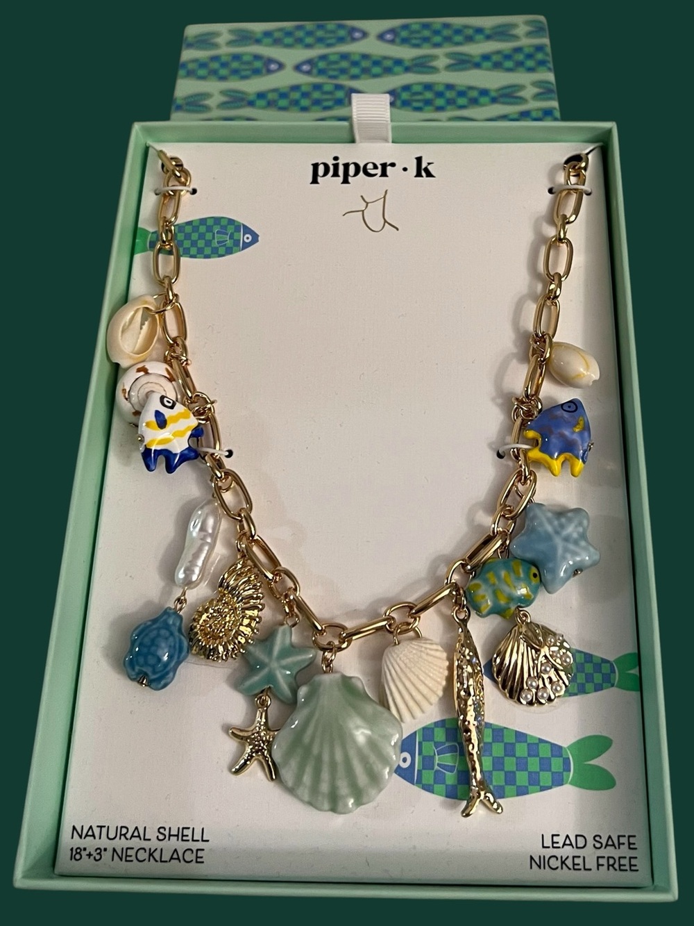 Piper . K Gold Chain Necklace with Blue & Green Shell Charms